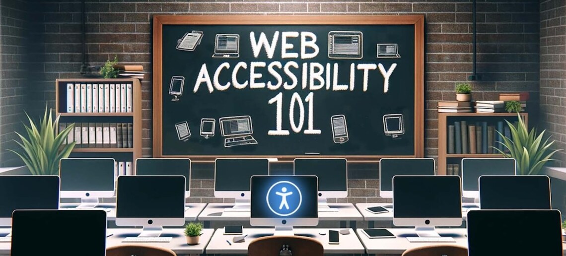AI generated image of a classroom with "Web Accessibility 101" on the blackboard. Rows of tables with computers. One screen shows the accessibility symbol