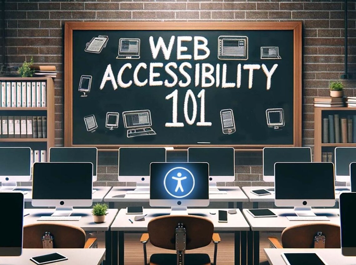 AI generated image of a classroom with "Web Accessibility 101" on the blackboard. Rows of tables with computers. One screen shows the accessibility symbol