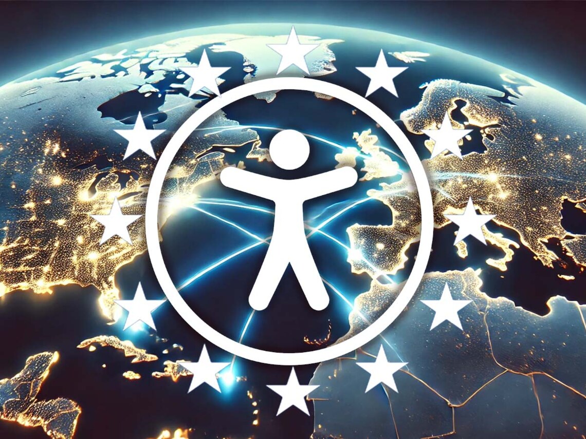 Accessibility Icon with EU stars overlaying globe showing Europe and US - EAA EN 301 549