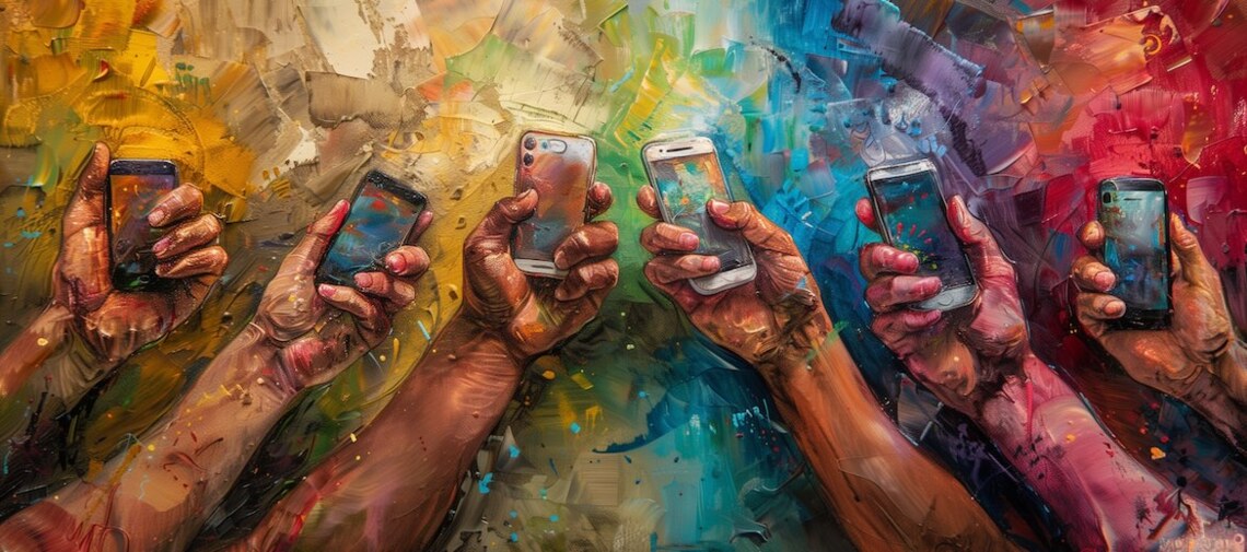 painting of diverse hands with accessibility mobile phone apps