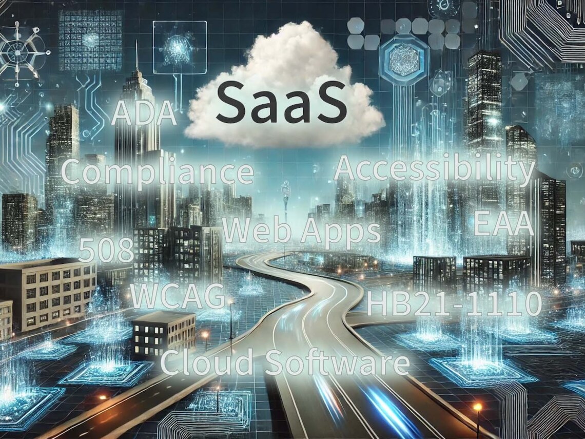 AI image of two roads winding through signs for ADA compliance, WCAG, 508 for SaaS, Cloud Software and Web Apps