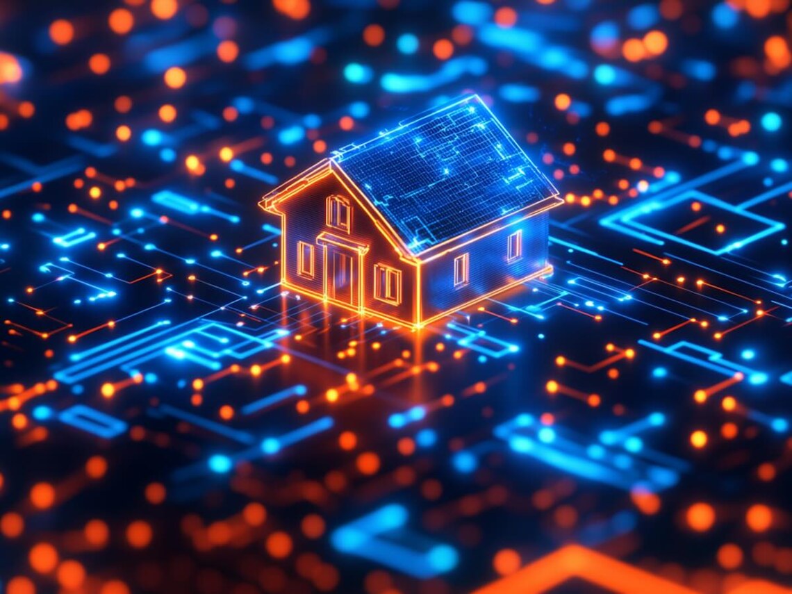 ai generated image of a house on a circuit board representing AI smart  homes