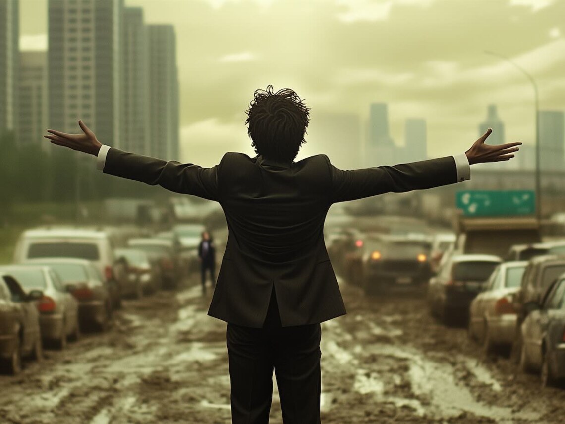 a man with upstretched hands looking out over a highway of cars stuck in mud